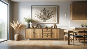 Cuisine-salle à manger moderne avec tableau proportionné au-dessus d'un buffet, illustration de la règle des deux tiers