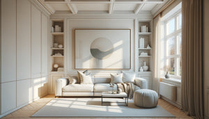 Petit salon contemporain minimaliste avec tableau unique bien proportionné créant équilibre visuel et impression d'espace