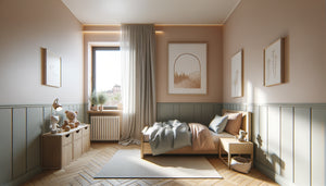 Petite chambre d'enfant 10m² avec tableau de dimensions proportionnées au-dessus du lit, démonstration d'aménagement harmonieux