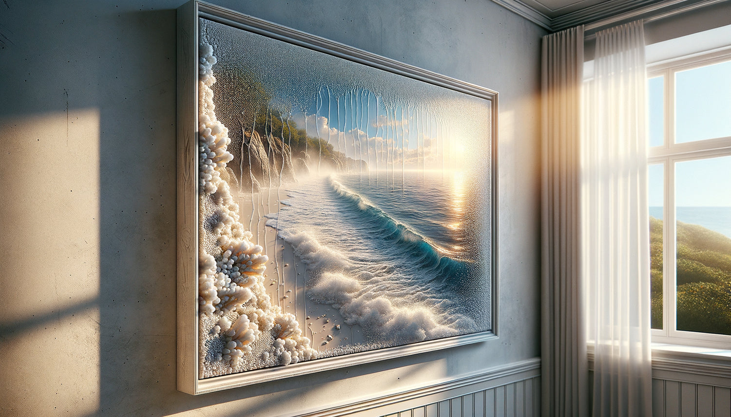 Tableau protégé contre l'humidité dans intérieur côtier avec gouttelettes sur verre de protection