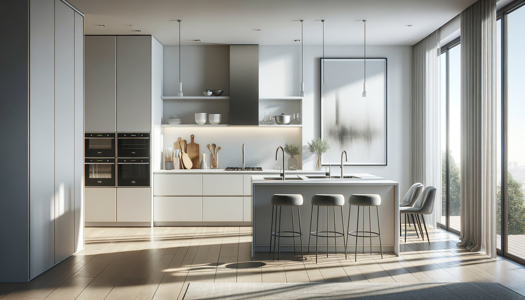 Tableau protégé accroché dans cuisine ouverte moderne à distance stratégique de la zone de cuisson