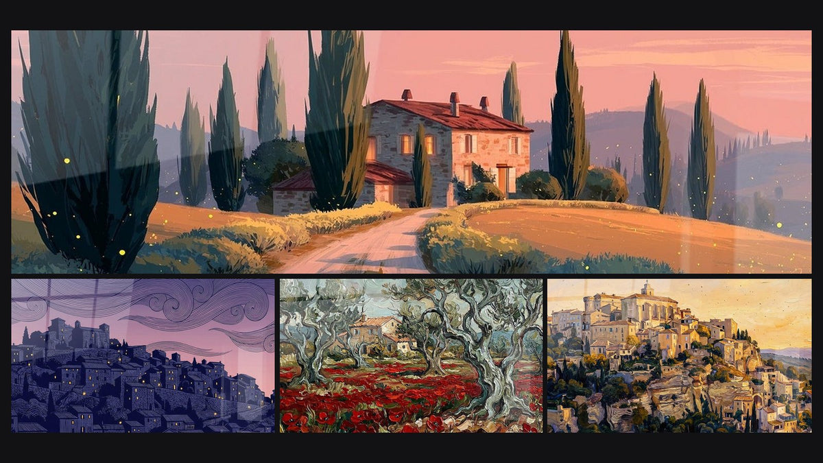 Mosaïque de quatre tableaux, dont Maison Toscane Coucher de Soleil, Village Provençal et Champ de Coquelicots et Oliviers