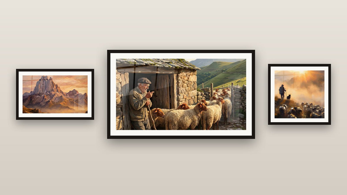 Mur de galerie avec trois tableaux encadrés : Montagne Pyrénéenne, Berger des Pyrénées et Berger et son Troupeau