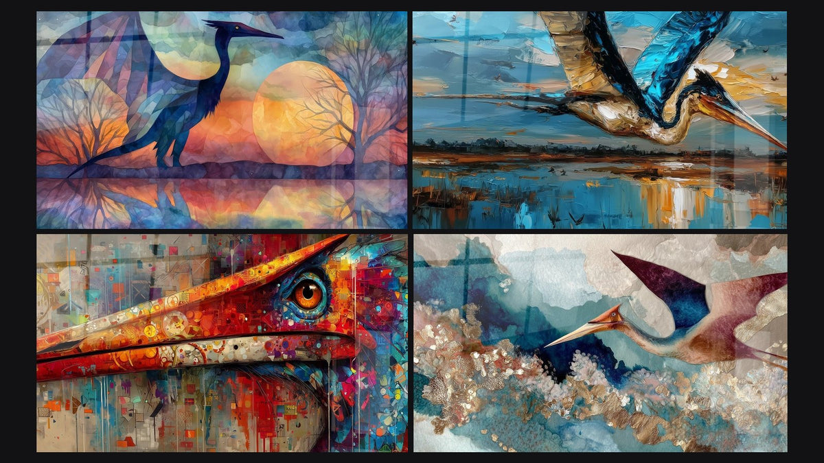 Mosaico de cuatro cuadros, entre ellos Quetzalcoátlus Geométrico, Quetzalcóatl y Pájaro Abstracto