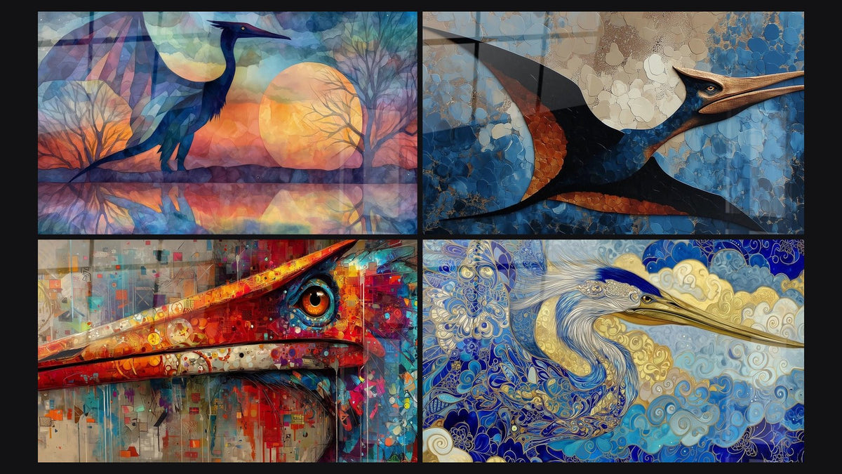 Mozaïek van vier schilderijen, waaronder Sierlijke Quetzalcoatlus