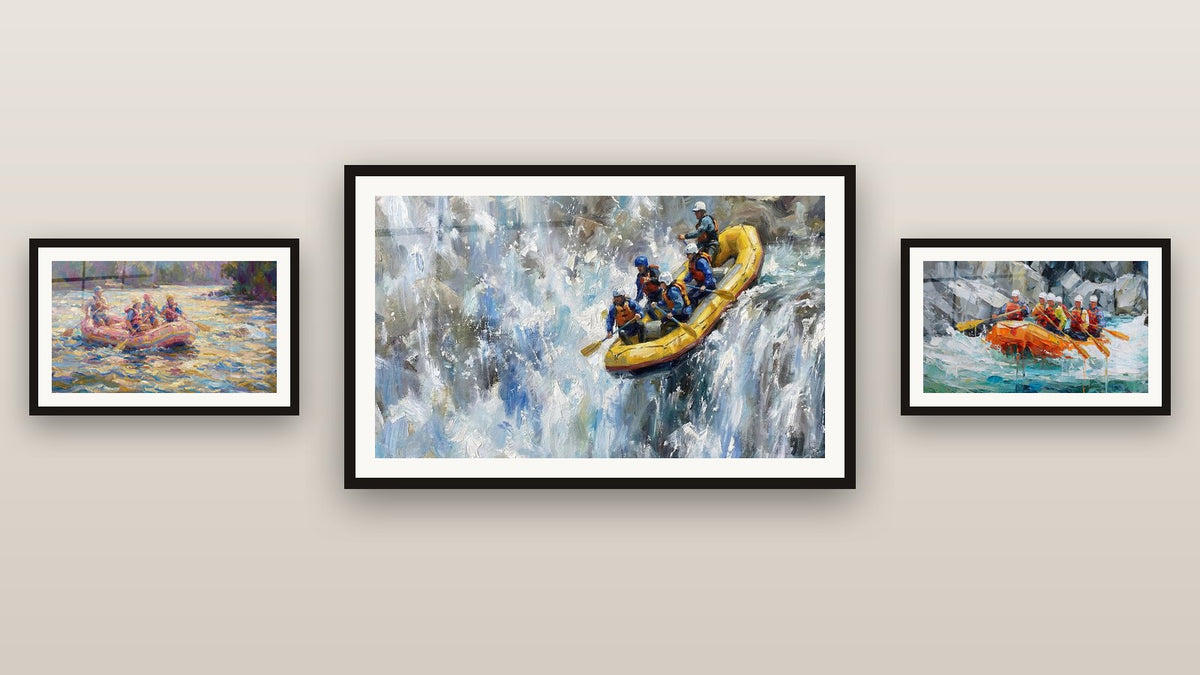 Mur de galerie avec trois tableaux encadrés : Rafting Descente Rapids, Rafting Rivière Tumultueuse et Rafting Eau Vive