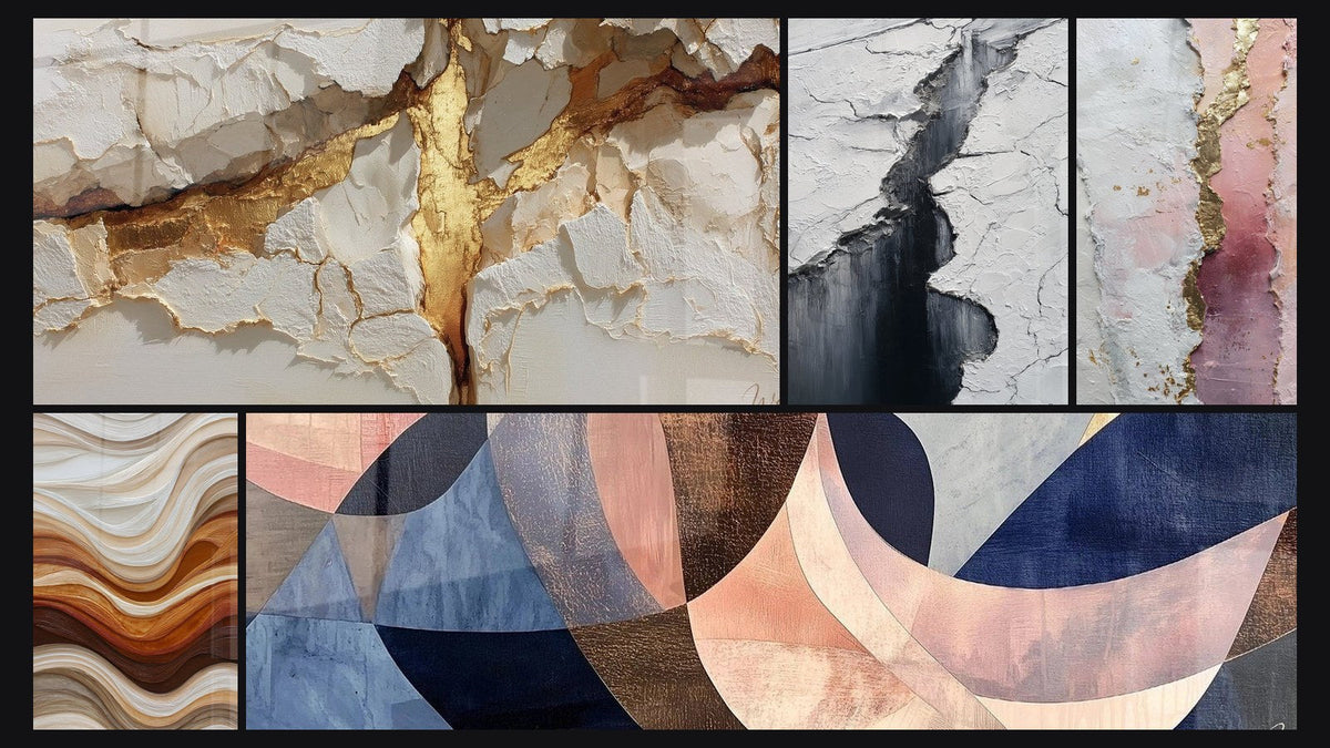 Mosaico di cinque quadri, tra cui Onde Fluide Terra e Rame e Crepaccio Glaciale Grigio e Nero