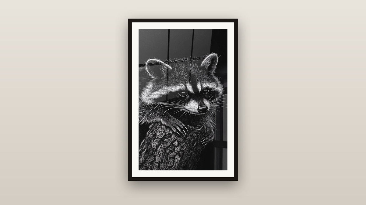 Tableau encadré sur un mur : Raton laveur masque sauvage