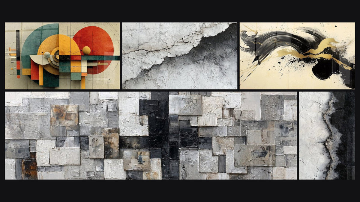 Mosaïque de cinq tableaux, dont Géométrique Révolution Circulaire et Texture Murale Fissurée Blanc et Gris