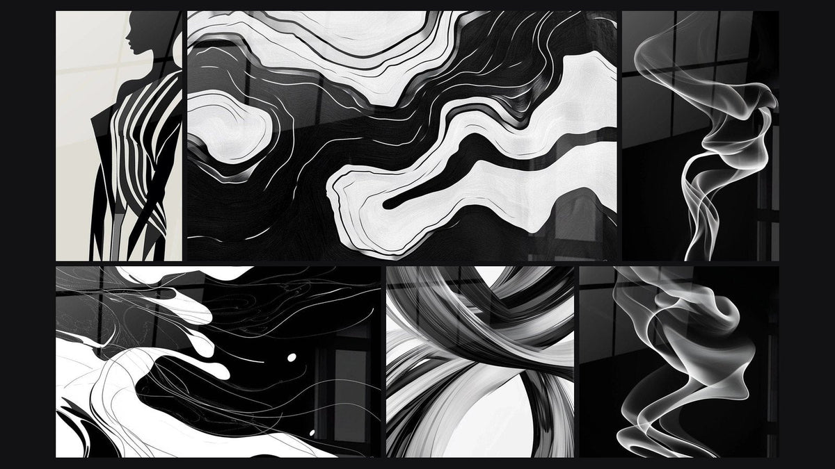 Mosaïque de six tableaux, dont Ombre Élancée -Édition Noir et Blanc et Marée Binaire -Édition Noir et Blanc