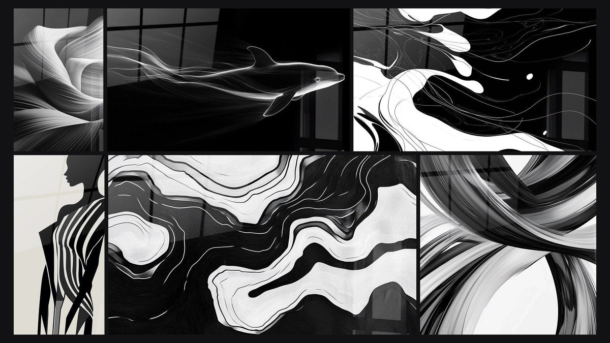 Mosaïque de six tableaux, dont Ruban Conscient -Édition Noir et Blanc et Onde Nocturne -Édition Noir et Blanc