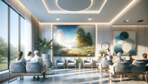 Salle d'attente médicale moderne avec tableau réaliste et tableau stylisé côte à côte pour comparaison des styles artistiques