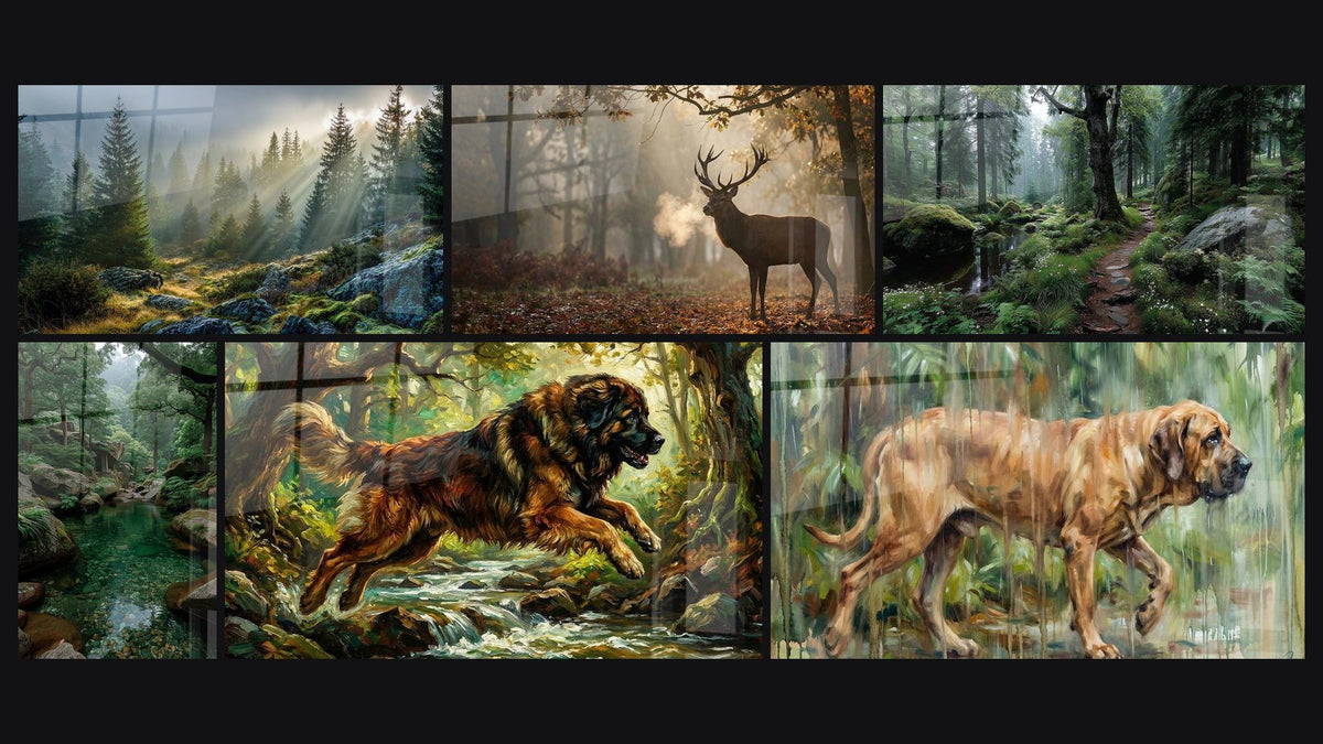 Mosaic of six paintings, including Misty Forest Sunrays, Natural Pool and Deer in Autumn Forest
