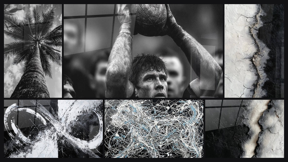 Mosaico di sei quadri, tra cui Rugby Giocatore, Astratto Nero e Bianco Gestuale e Astratto Faglia Geologica Nero e Bianco