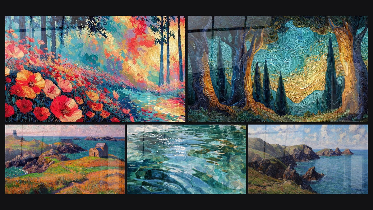 Mosaïque de cinq tableaux, dont Paysage Forestier Fleurs Écarlates, Côte bretonne avec maisons en pierre et Eau cristalline