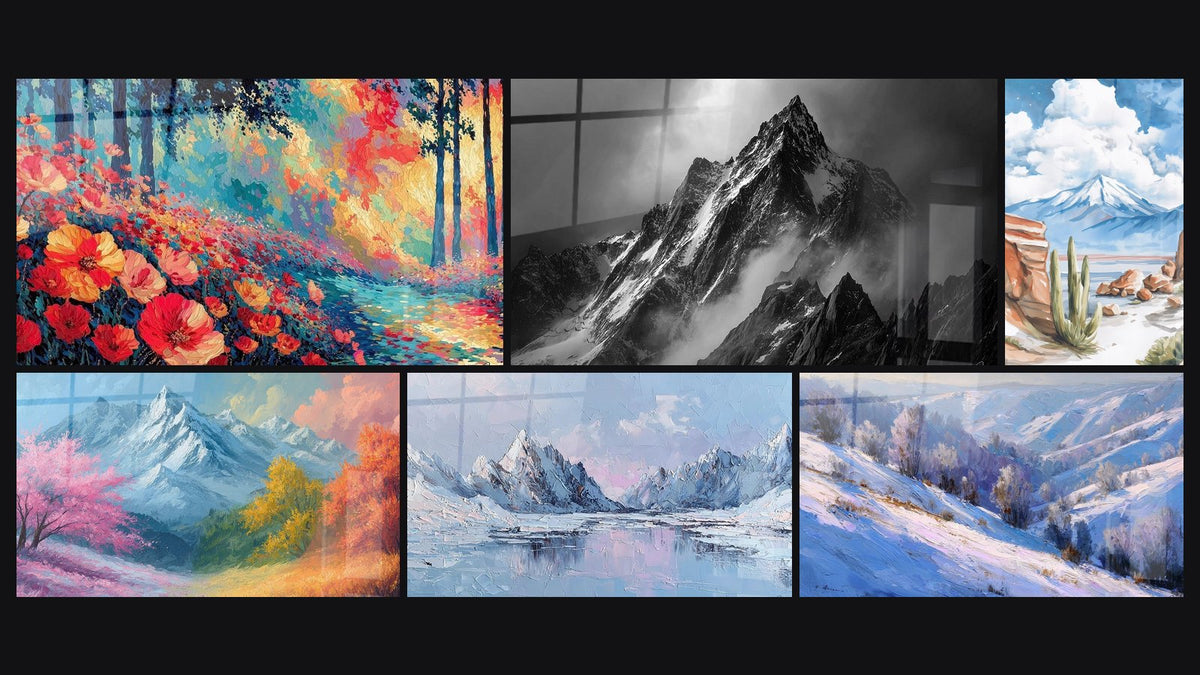 Mosaic of six paintings, including Snow-Capped Mountain, Snowy Mountain Landscape and Mountainous Winter Landscape