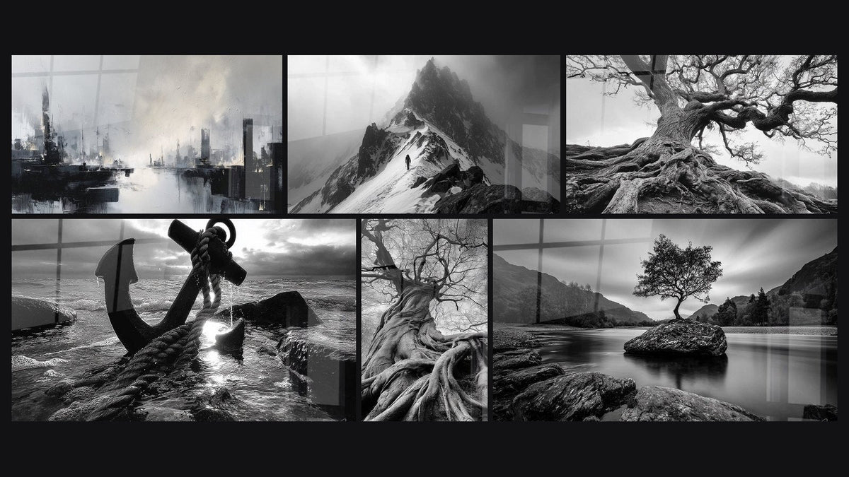 Mosaico di sei quadri, tra cui Per alpinisti montagna, Ancoraggio marino e Albero antico con radici imponenti