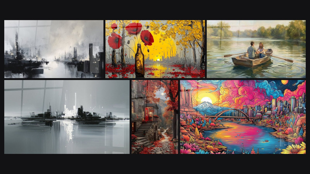Mosaic of six paintings, including Fantastic Urban Landscape