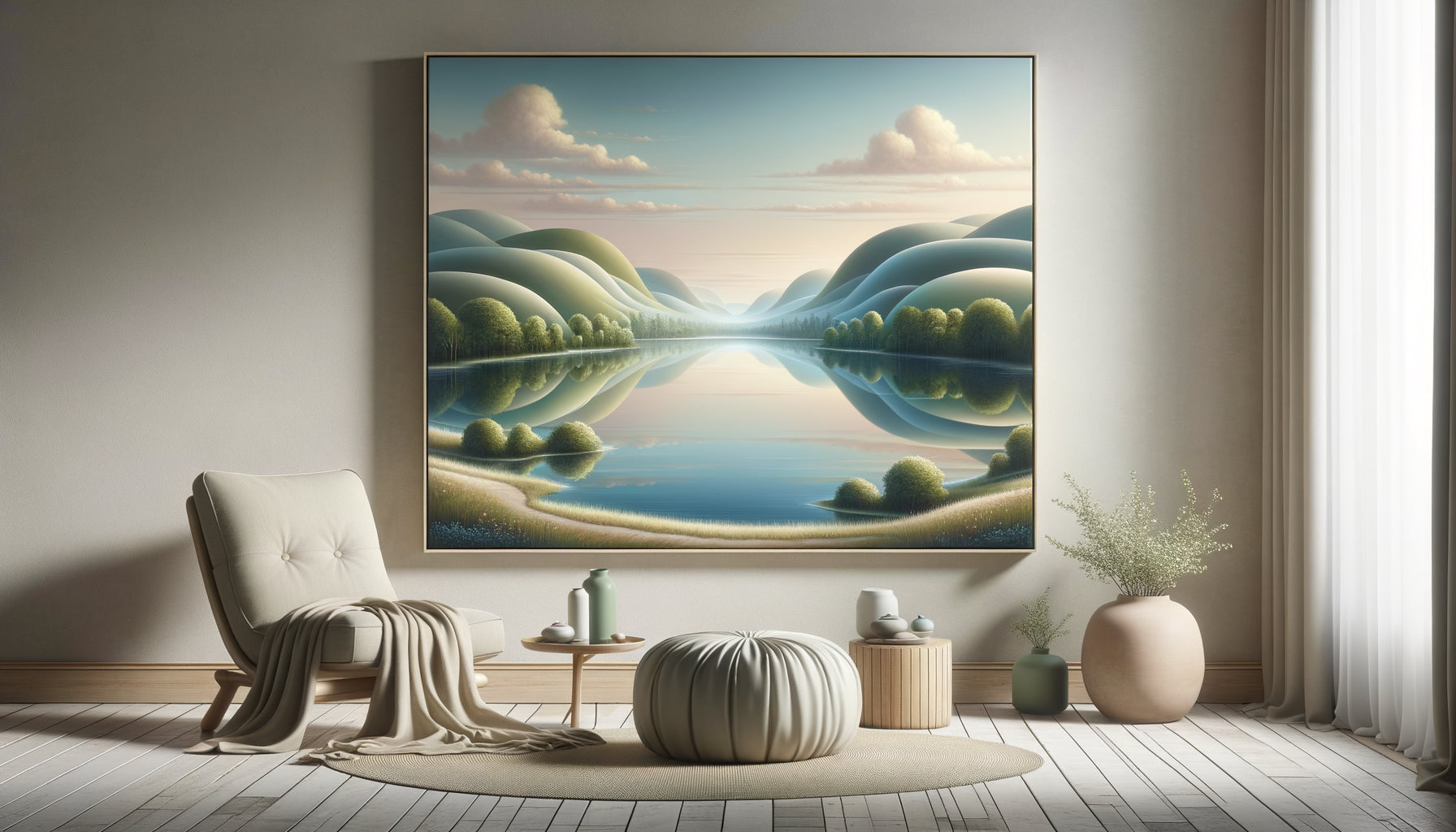 Tableau apaisant aux tons bleus et verts représentant un paysage naturel serein favorisant la relaxation profonde