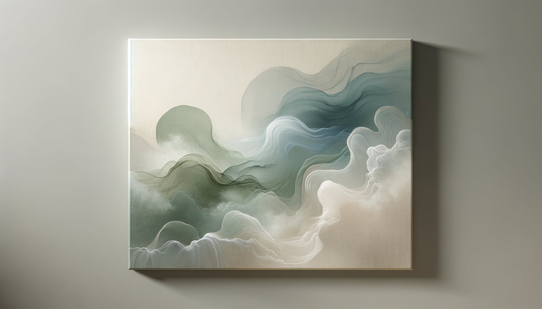 Tableau abstrait aux tons apaisants bleu pâle et vert sauge, formes organiques fluides favorisant la relaxation profonde