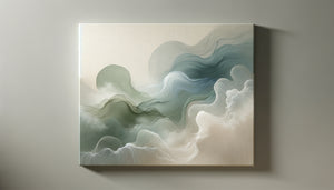 Tableau abstrait aux tons apaisants bleu pâle et vert sauge, formes organiques fluides favorisant la relaxation profonde