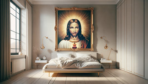 Tableau religieux du Sacré-Cœur au regard frontal accroché dans une chambre laïque minimaliste moderne