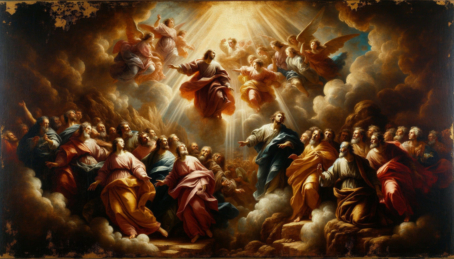 Détail d'un tableau religieux historique baroque du 17ème siècle, technique huile sur toile, clair-obscur dramatique