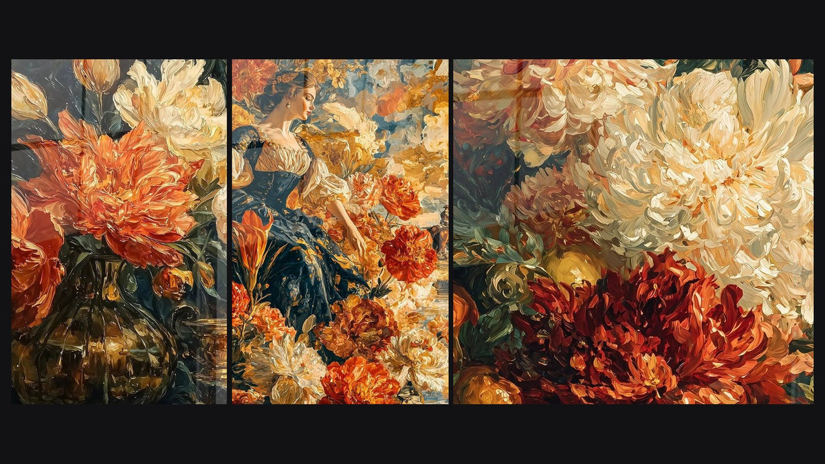 Mozaïek van drie schilderijen, waaronder Oranje Bloemen Symfonie en Weelderige Natuurlijke Bloemen