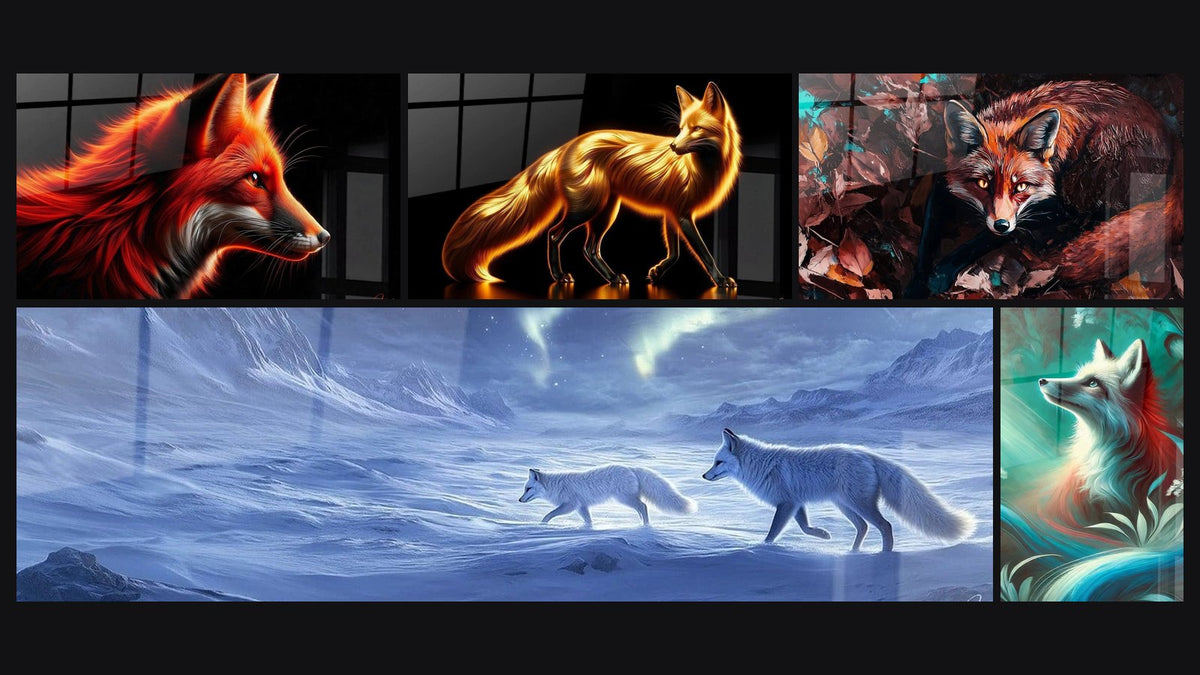 Mosaïque de cinq tableaux, dont Braise Incandescente du Renard, Renard Messagers polaires et Aura Mystique du Renard Doré