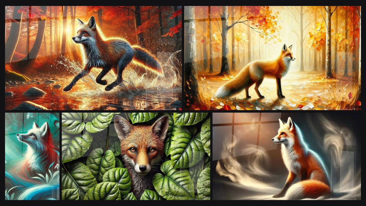 Mosaïque de cinq tableaux, dont Renard d'Automne, Renard et Feuilles et Veilleur des Cieux