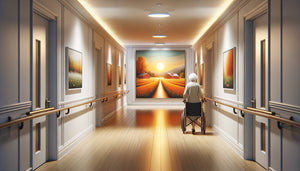 Résidente âgée se dirigeant vers un tableau coloré distinctif servant de repère visuel dans un couloir d'établissement de soins