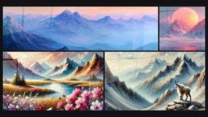 Mosaic of four paintings, including Blue Sentinels, Eternal Spring and Alone at the Summit