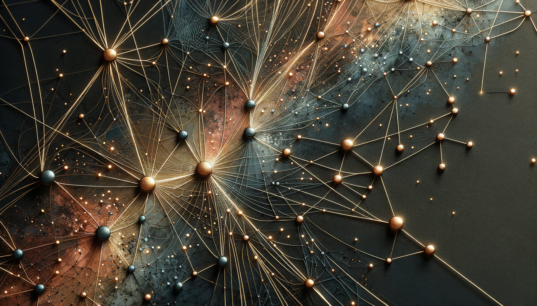 Tableau contemporain abstrait représentant un réseau de connexions dorées symbolisant la collaboration moderne en entreprise