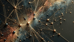 Tableau contemporain abstrait représentant un réseau de connexions dorées symbolisant la collaboration moderne en entreprise