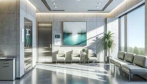 Tableau abstrait avec support résistant à l'humidité installé dans cabinet professionnel en rez-de-chaussée