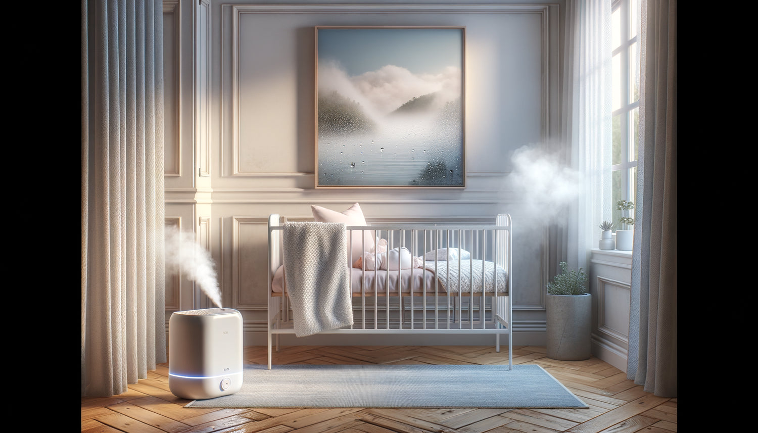 Chambre de bébé moderne avec humidificateur en fonction et tableau protégé par cadre imperméable résistant à l'humidité