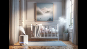 Chambre de bébé moderne avec humidificateur en fonction et tableau protégé par cadre imperméable résistant à l'humidité