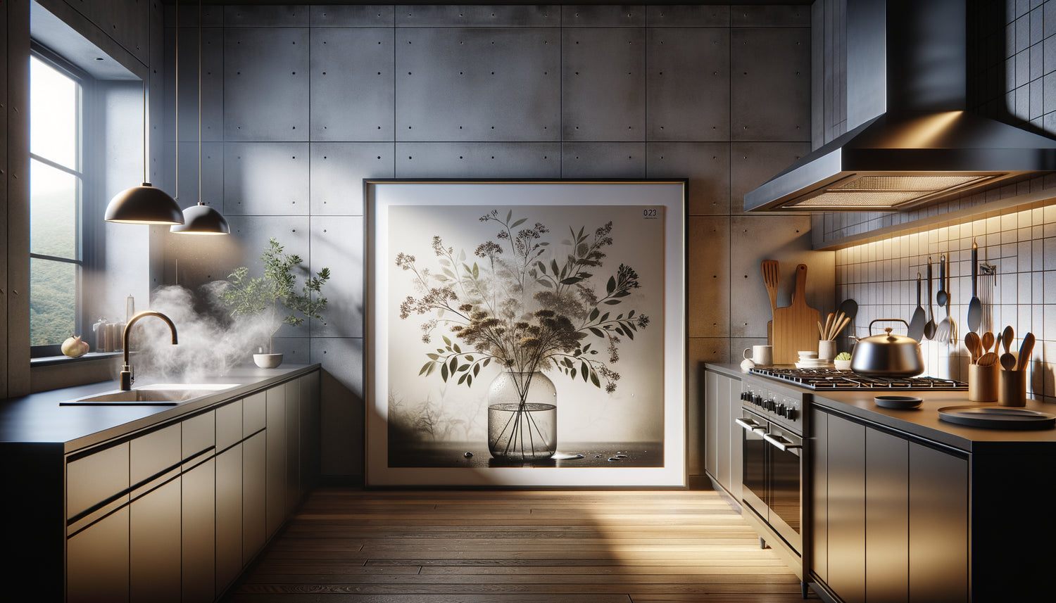 Tableau encadré avec protection en verre résistant à l'humidité dans cuisine moderne avec vapeur de cuisson