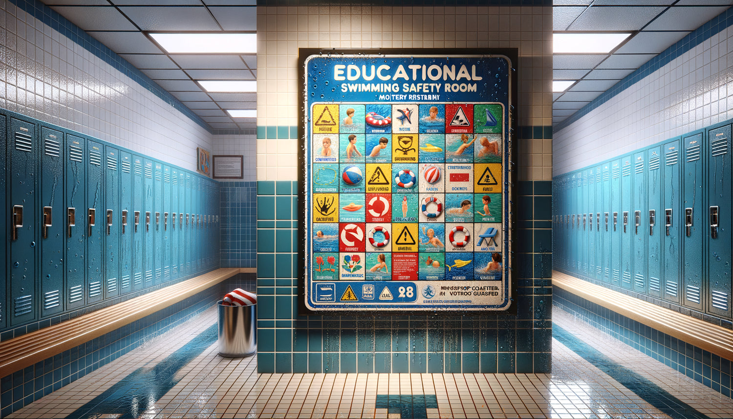 Tableau résistant à l'humidité avec cadre aluminium installé dans vestiaire de piscine scolaire carrelé