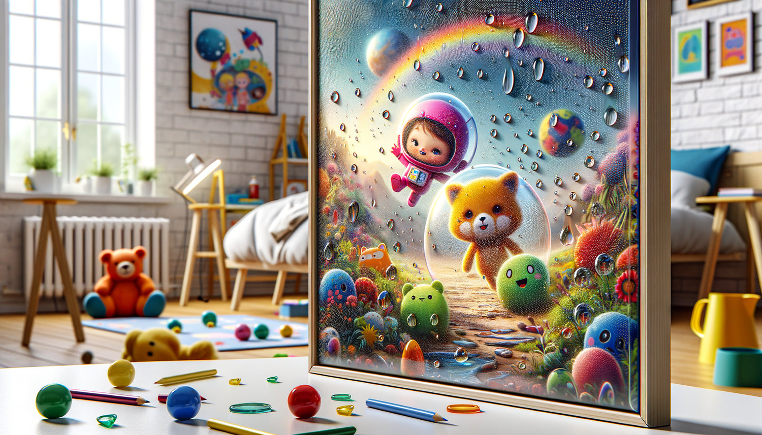 Tableau décoratif pour chambre d'enfant avec protection anti-taches, gouttelettes perlant sur surface lavable résistante