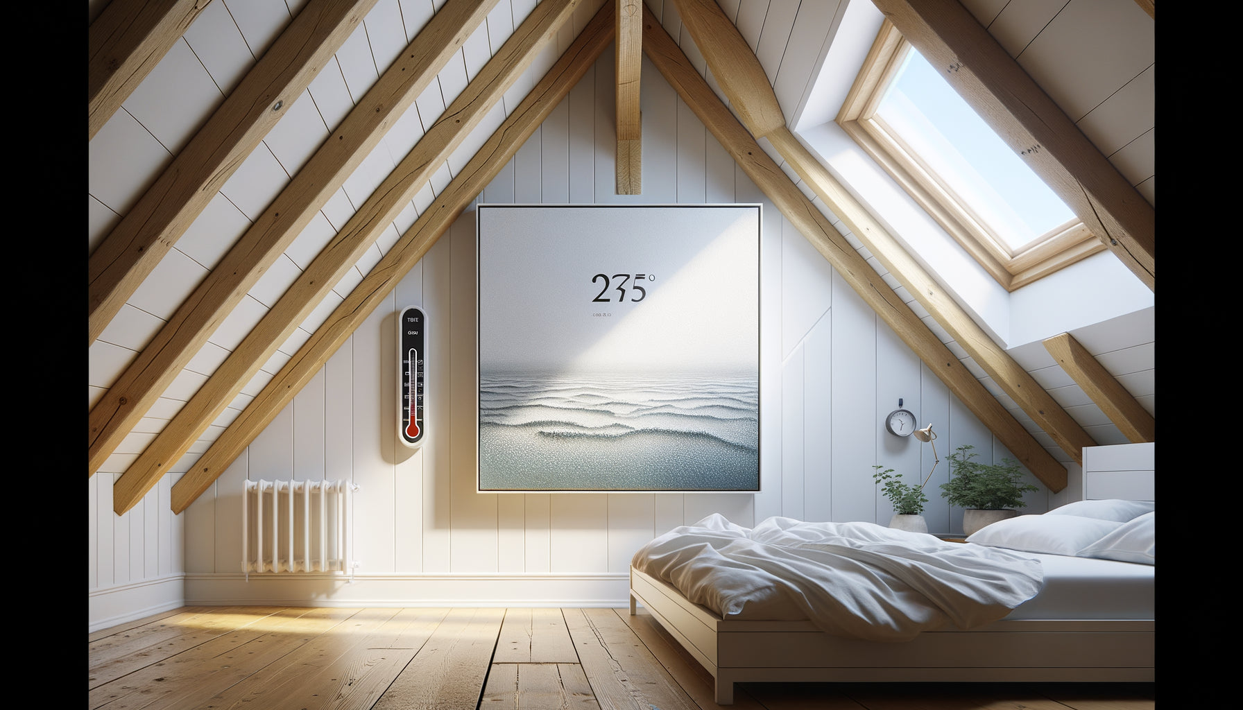 Tableau sur support aluminium dans une chambre mansardée avec poutres apparentes, illustrant le choix d'œuvre résistante aux variations thermiques