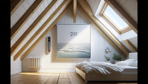 Tableau sur support aluminium dans une chambre mansardée avec poutres apparentes, illustrant le choix d'œuvre résistante aux variations thermiques