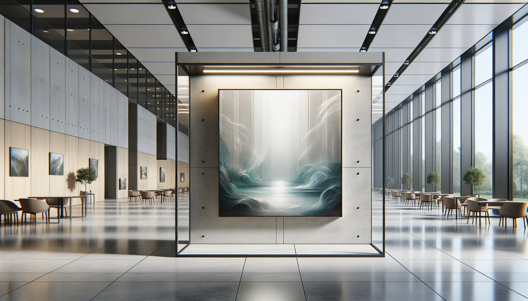 Tableau protégé par plexiglas antireflet avec fixations antivol installé dans un hall d'immeuble moderne