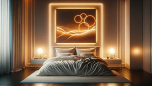 Chambre contemporaine avec tableau rétroéclairé LED à lumière chaude créant une ambiance apaisante propice au sommeil