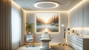 Salle de consultation médicale moderne avec tableau nature rétro-éclairé LED apaisant sur mur blanc