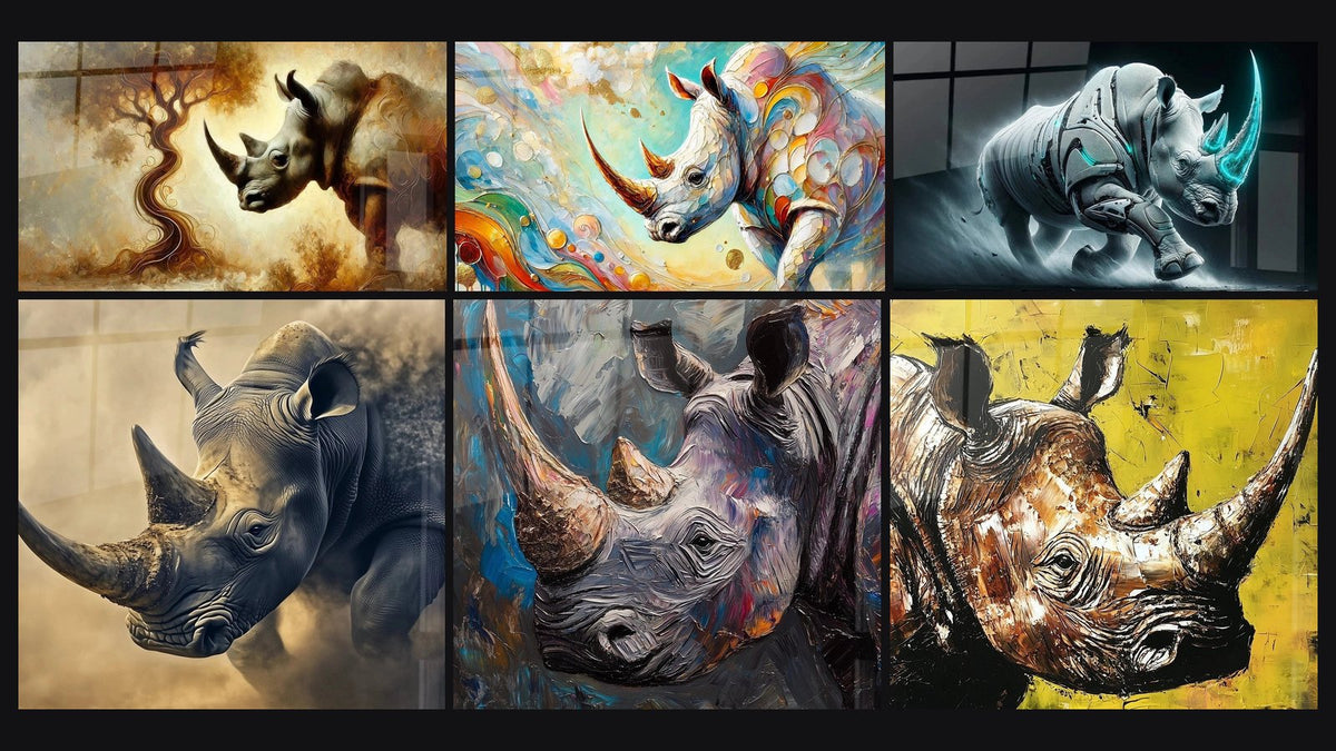 Mosaico de seis cuadros, entre ellos Superviviente del Desierto, Fantasía Salvaje y Carga Cibernética del Rinoceronte