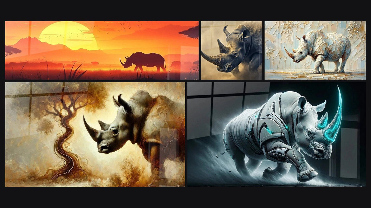 Mosaïque de cinq tableaux, dont Rhinocéros Colosse tranquille, Rhinocéros force primitive et Survivant du Désert
