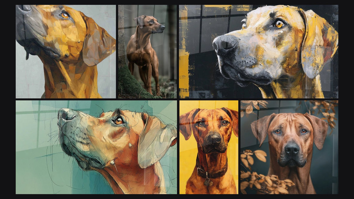 Mosaïque de six tableaux, dont Chien Levant les Yeux avec Tendresse et Chien Roux au Collier sur Fond Jaune Vif