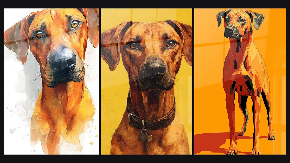 Mozaïek van drie schilderijen, waaronder Geometrische Hond Oranje en Rood
