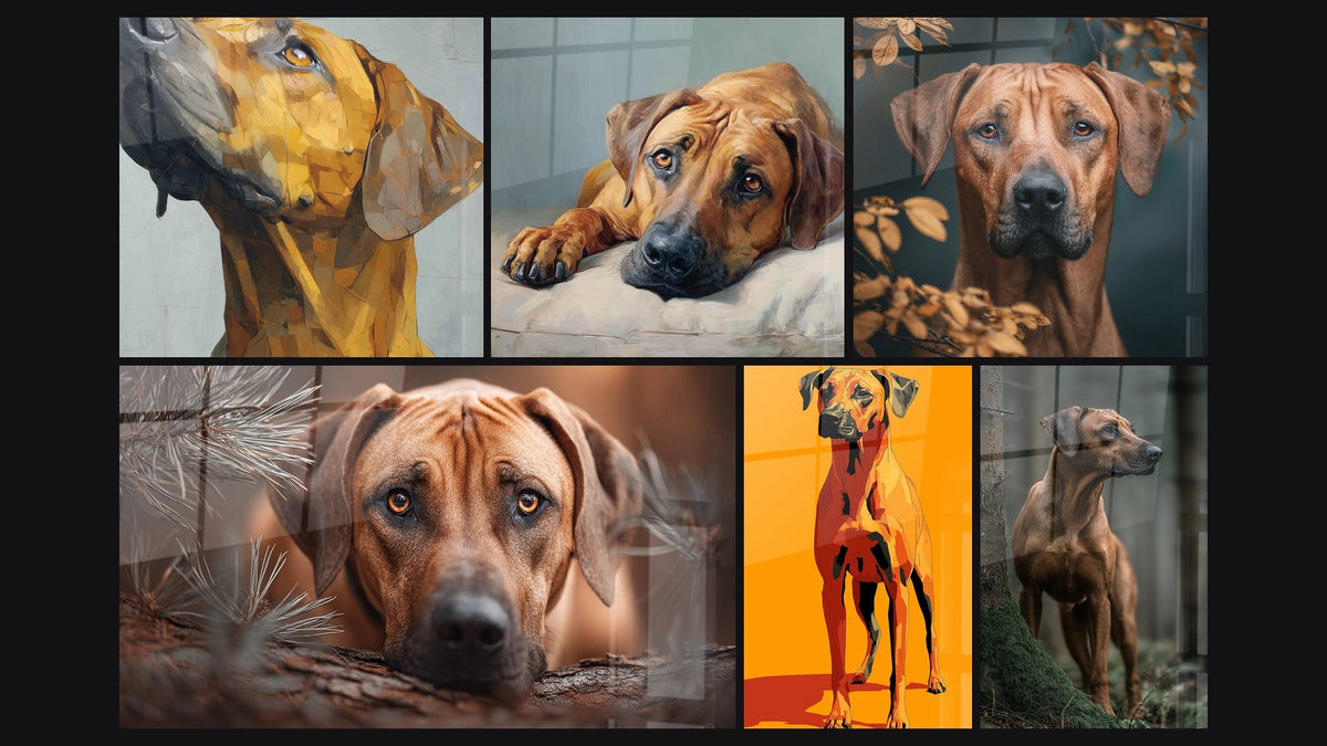 Mosaïque de six tableaux, dont Chien Géométrique Orange et Rouge et Chien Couché aux Yeux Dorés sur Carrelage